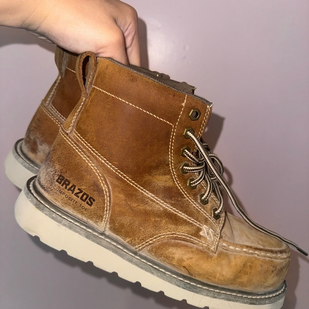Brown Moc-Toe Leather Boots with Contrast Stitching